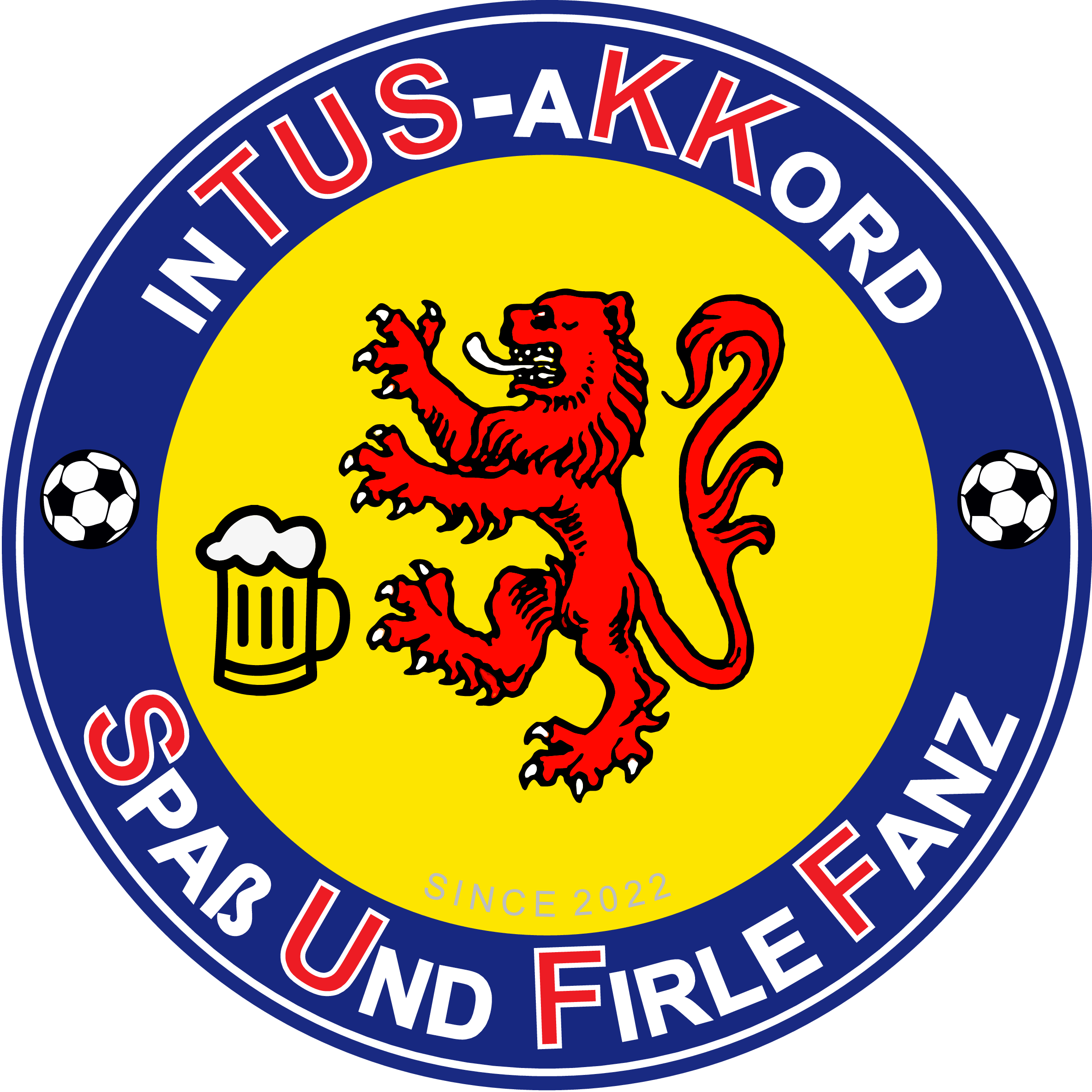 Rundes Logo mit blauem Außenring und gelbem Innenkreis. Im Zentrum steht ein roter heraldischer Löwe, daneben ein gefüllter Bierkrug und unten die Jahreszahl „Since 2022“. Der blaue Rand enthält oben den weißen Schriftzug „INTUS-AKKORD“, unten „SPAß UND FIRLE FANZ“ mit hervorgehobenen roten Buchstaben sowie links und rechts jeweils einen schwarz-weißen Fußball.